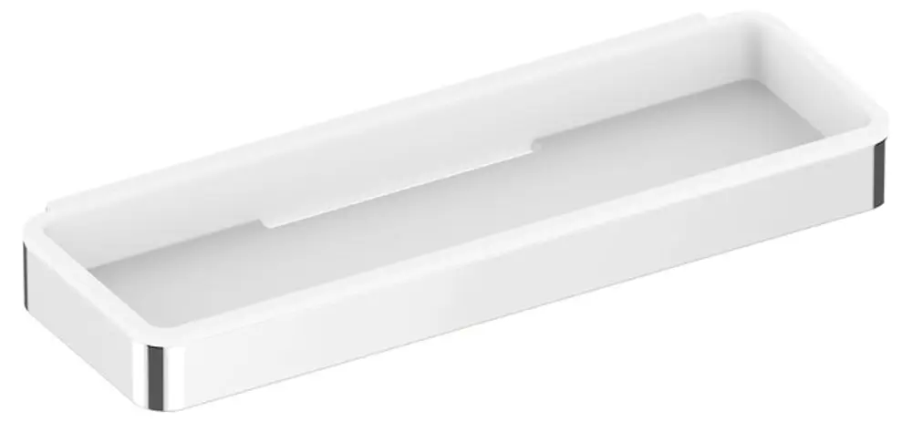 Weißer Duschkorb von Keuco mit abgerundeten Ecken und Edelstahl-Finish, geeignet zur Wandmontage. Klarer, funktionaler Designansatz für Badezimmerinstallationen.